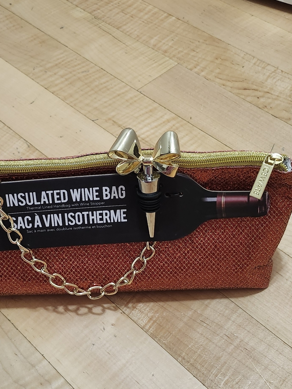 Orange Insulated Wine Bag Clutch with Gold Bow Accent